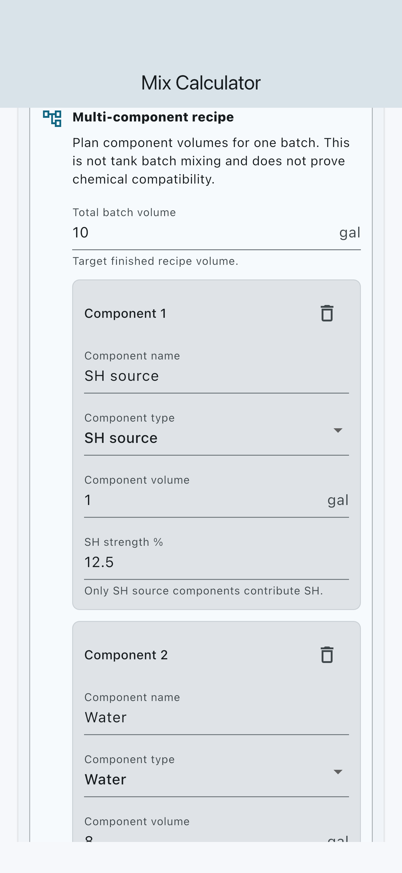 Batch Mix Recipe Builder showing named component volumes for one batch