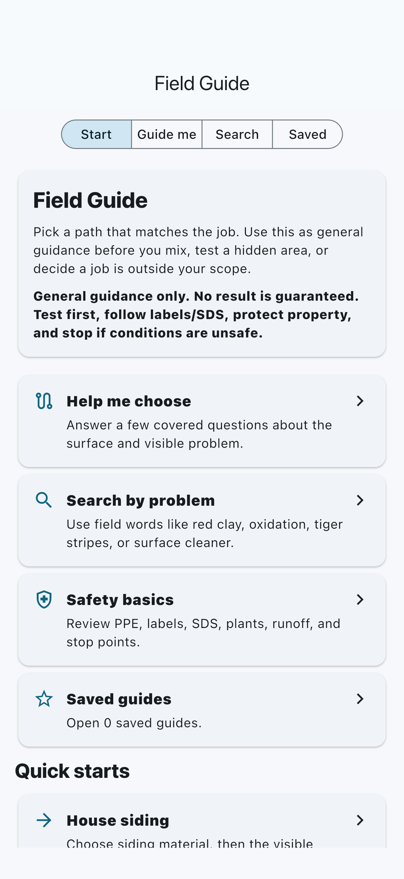 Batch Mix Field Guide with guided help, search, safety basics, and saved guides