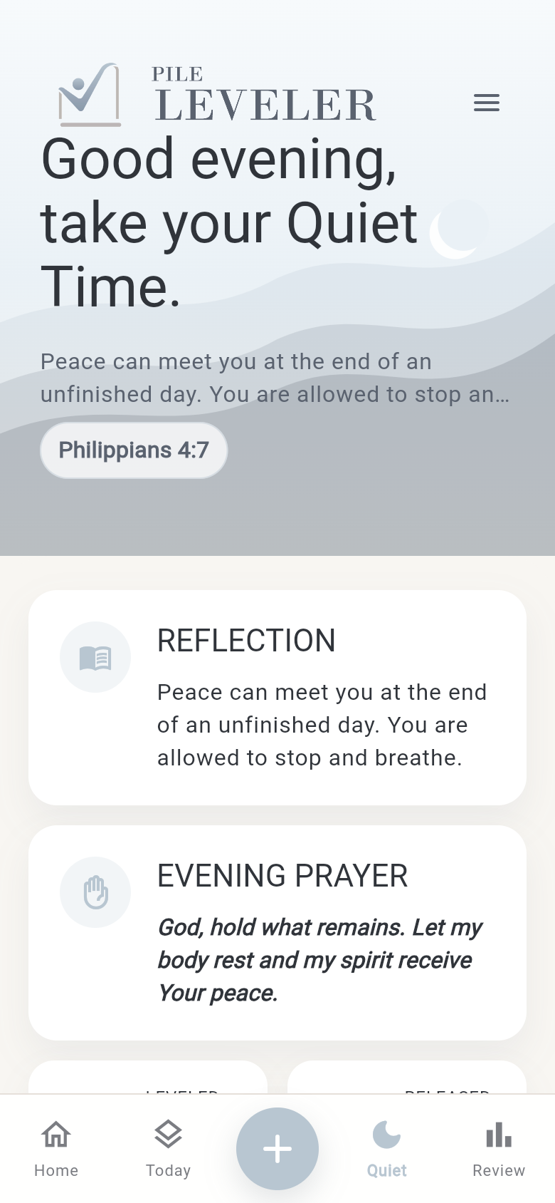 Pile Leveler Quiet Time screen with reflection and evening prayer