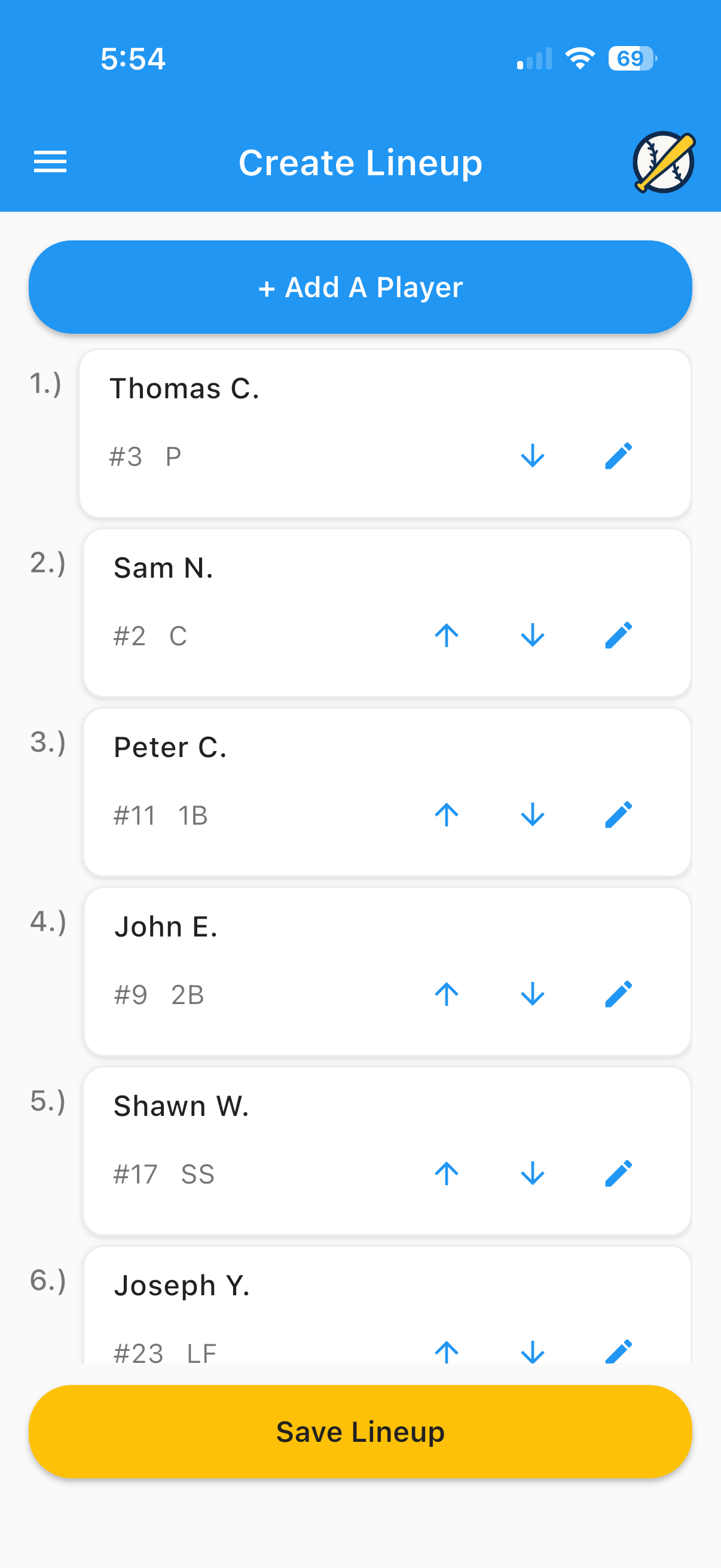 Edit lineup screen